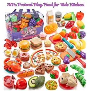 78Pc Pretend Play Food for Kids Kitchen – Cutting Toy Food Set with Storage Bag – Role Play Cooking Toys for Boys & Girls – Easter & Valentine’s Day Gift