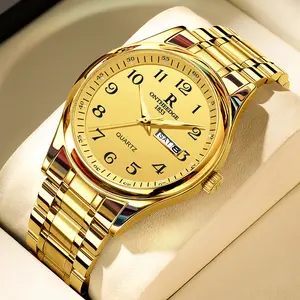 His & Hers Luxury Gold Quartz Watch Set for Senior Couples - Easy Read Large Dial, Day Date Display, Stainless Steel Band, Comfortable Casual Wristwatch, Perfect Retirement Anniversary Gift for Parents