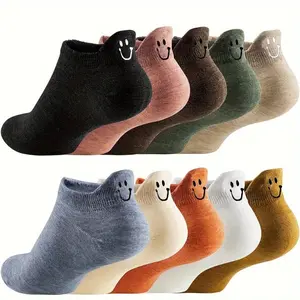 10pcs Cute Face Ankle Socks for Women - Soft & Comfortable Low-Cut Design, Smiling Face Pattern, Assorted Colors (Black, Pink, Brown, Green, Beige, White) - Perfect for Everyday Fashion, Cute Socks Womenswear