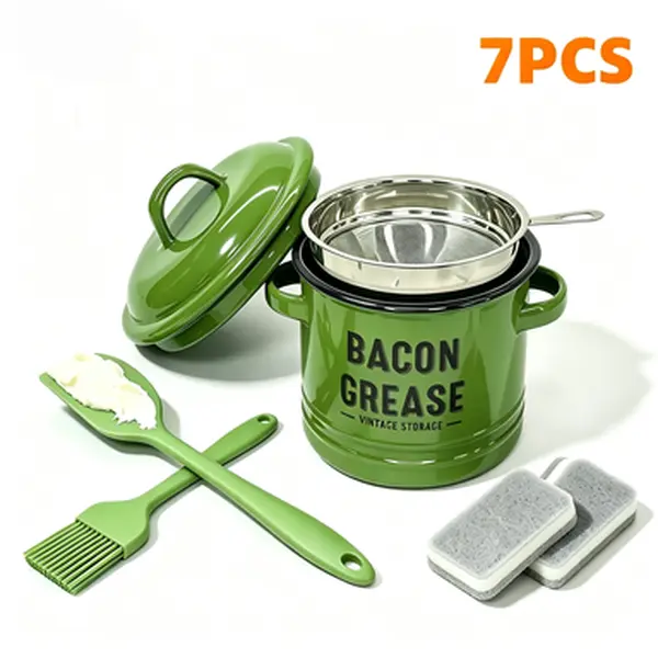 7-Piece Farmhouse Look Enamel Bacon Grease Container Set - 46oz Round Pot with Filter Strainer, Lid, Food-Grade Silicone Spatula, Brush, Utensils, Reusable Cooking Fat Storage Dispenser for Home Kitchen, 7 Pieces