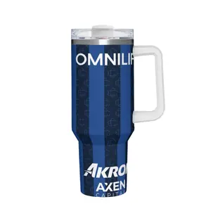 Deep Navy Vertical Stripe Tumbler with Monogram Hidden Symbol Design and Bold White Lettering, Insulated Travel Mug with Anti-Slip Handle for Sport and Business Use