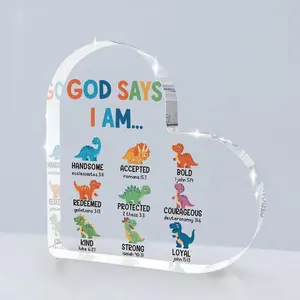 Gift Dinosaur Room Decor, God Says I am Nursery Desktop Art With Acrylic heart plaque decor, Novelty Desk Decor, Desk Sign, Dinosaur Room Decor for Boys, Toddler Little Boy kids Room Bedroom Nursery Decorative