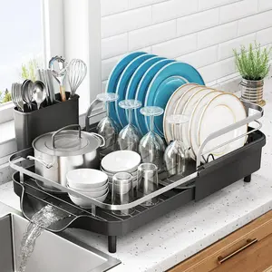 SNTD Dish Drying Rack, Expandable Dish Rack for Kitchen Counter, Stainless Steel Dish Drainer with Drainboard Set and Utensil Holder