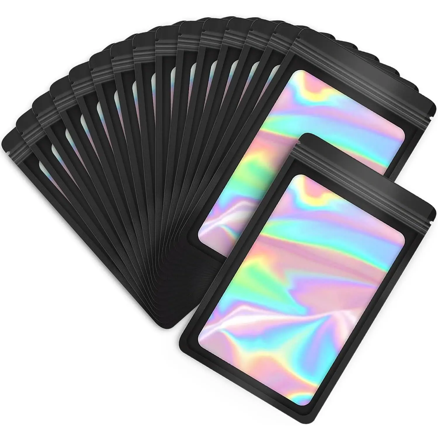 100-Pack Holographic Mylar Self-Sealing Ziplock Resealing Storage Bags, Resealable Window Zip Bags for Jewelry, Candy, Bracelet Organization & Travel Packing, Self-Sealing Storage Bags Plastic Pouches Reusable Pouch