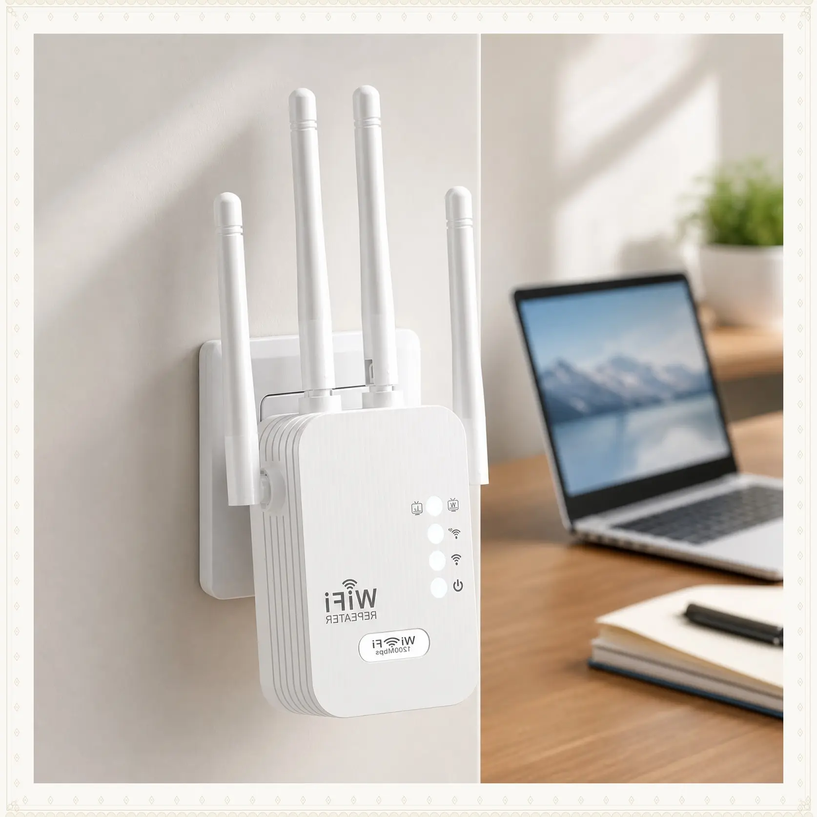 12000 Sq Ft WiFi Extender – 1200Mbps Dual Band Booster with 4 Antennas, Supports 100 Devices for Reliable Home & Office Internet
