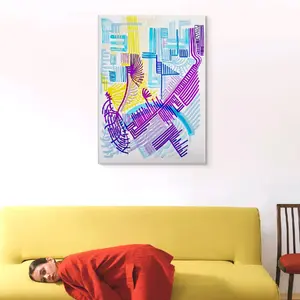 Connected in Color: A TikTok LIVE Experience 30x40 Canvas Signed by Artist, Collector's Edition with Bold Yellow, Purple & Blue Lines - Decor