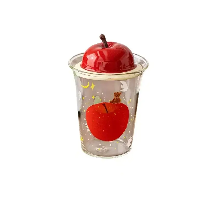 Apple Design Glass Cup, Unique Drinking Glass with Cover, Gift Idea for Girls