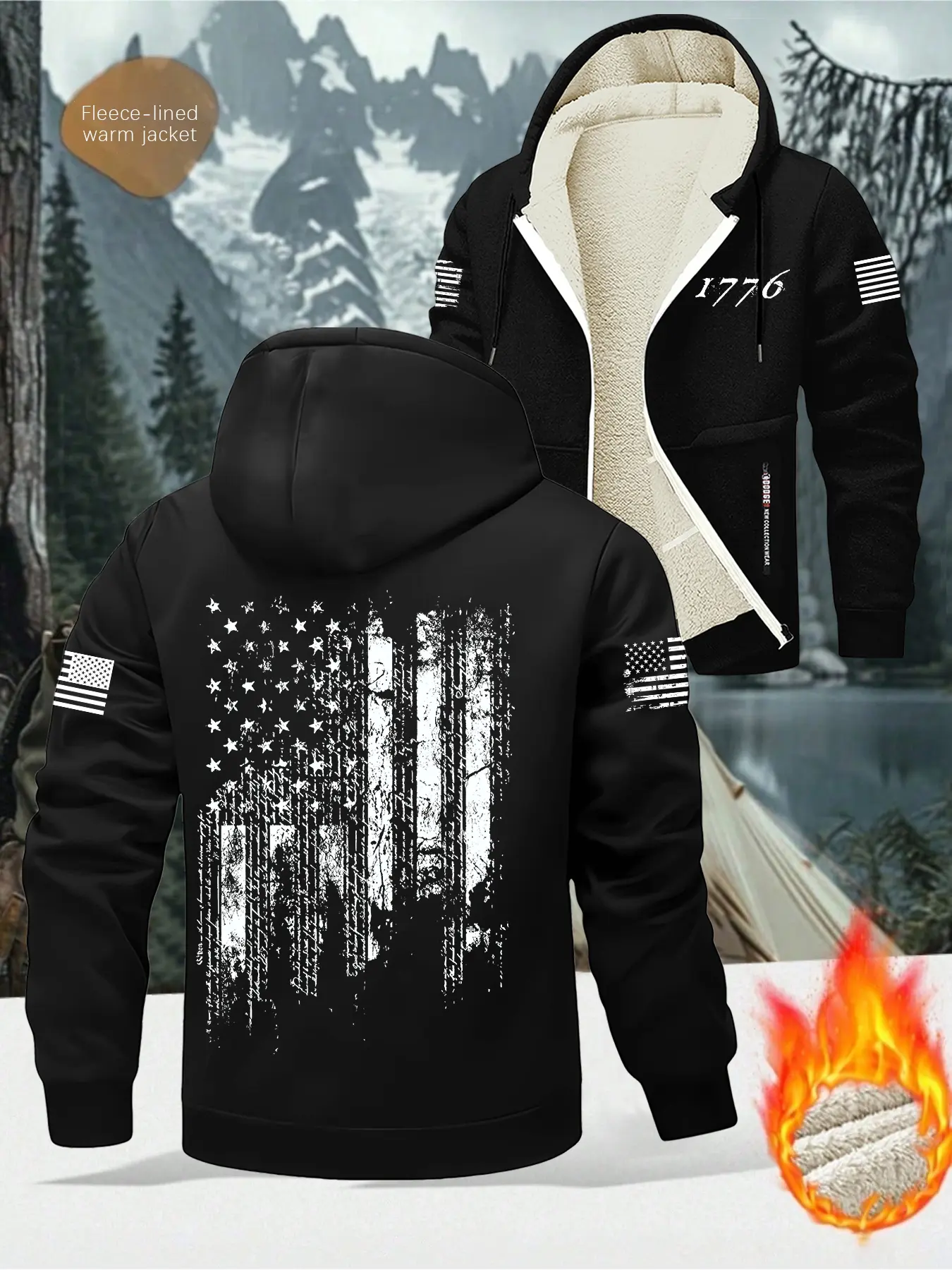Men's Winter High-Quality Fleece Lined Hoodie Jacket, Casual Hooded Sweatshirt, Graphic Print Hoodie, American Flag 1776 Print, Zipper Pocket Design, Soft Comfortable Warm Inner Layer, Pockets Hoodie