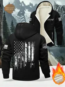 Men's Winter High-Quality Fleece Lined Hoodie Jacket, Casual Hooded Sweatshirt, American Flag 1776 Print, Zipper Pocket Design, Soft Comfortable Warm Inner Layer, Pockets Hoodie