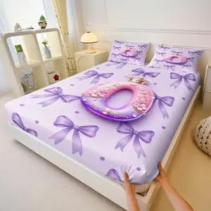 3Pcs Y2K Sweet Girl Style Three-Dimensional Letter O-Z Fitted Sheet Set, Bed Sheets, Light Purple Bow Printed Bedding Set, Durable Soft Microfiber Bedding, Includes Two Pillowcases (Excluding Pillowcores)