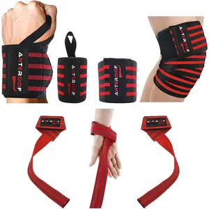Knee Wraps + Wrist Wraps + Weight Lifting Straps Bundle (3 Pairs) for Weightlifting Bodybuilding Strength Training Workout Gym, Fitness Protective Set for Men & n