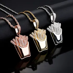 Hip Hop Gold Plated Cubic Zirconia Fries Shape Charm Necklaces Iced Out French Fries Pendant for Men Women Rapper Jewelry