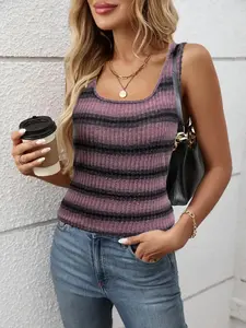 Women's Summer Striped Knit Tank Top, Fashion Elegant Colorblock Blouse, Vacation Casual Party Wear, Ladies Sleeveless Vest