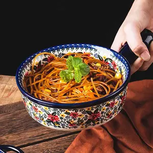 Vintage Polish Ceramic Bowl with Double Handles, Oven Safe, Floral Pattern, Rustic Kitchenware for Home or Restaurant, Baking Dish, Soup Bowl