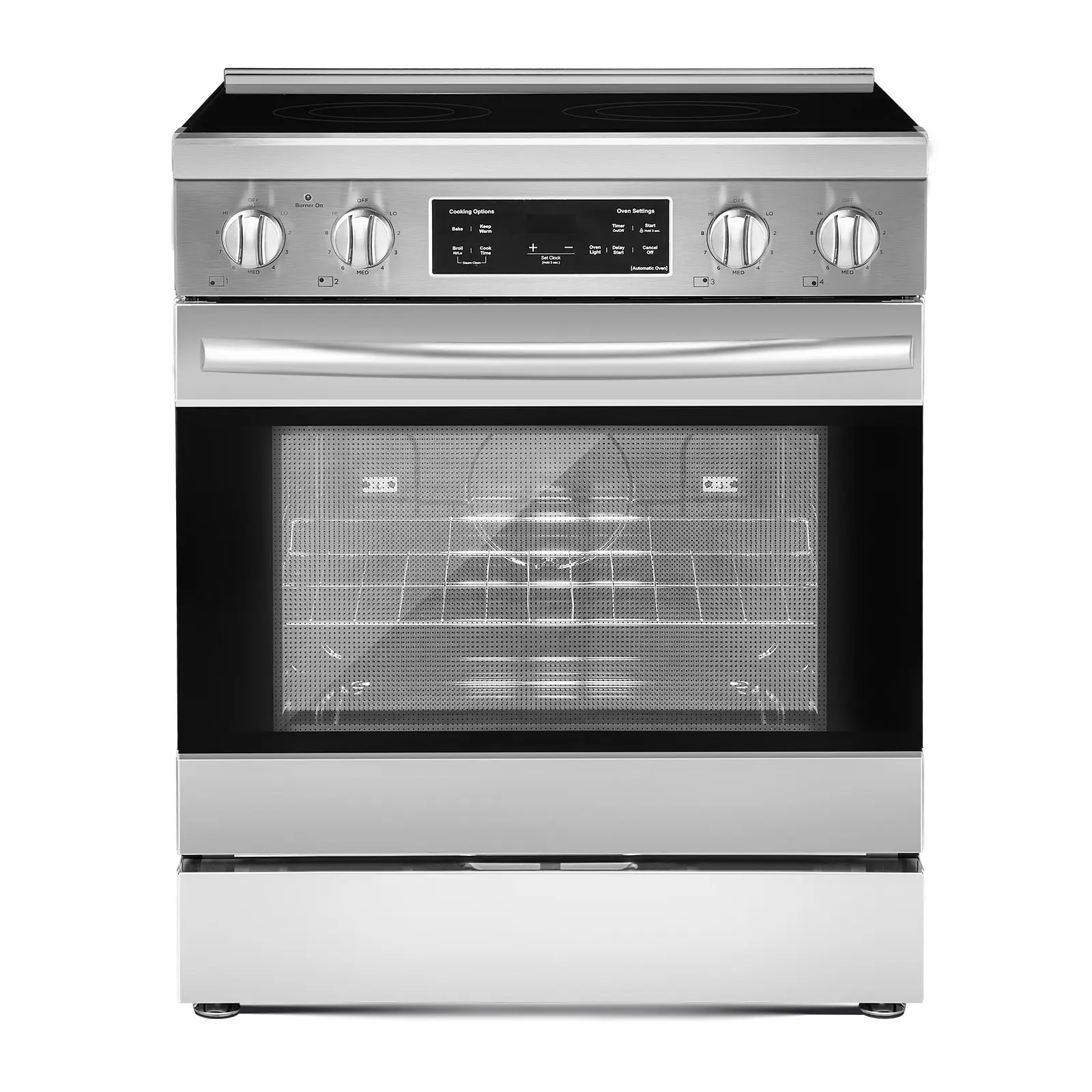 VEVOR 30 In Compact Freestanding Electric Range Oven for Indoor Use, 4.8 Cu. Ft. Stainless Steel Kitchen Stove for Cook & Bake, 4 Cooktop Burners, Timer, Easy-Reach Racks, Storage Drawer, Interior Light (No Power Cord)
