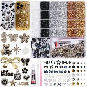 Magic Black Junk Case Charms Kit, Mixed   Black Flatback   Rhinestones Bedazzling Kit, Punk Big Junk Phone Cases Charm, Heart  Bow Flower Charms for Phone Case DIY Crafts