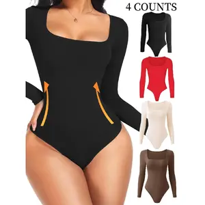 [LTO]Women'S Solid Square Neck Long Sleeve Shapewear Bodysuit, Casual Comfy Tummy Control Butt-Lift Shaper, Ladies High Compression Shapewear For All Seasons