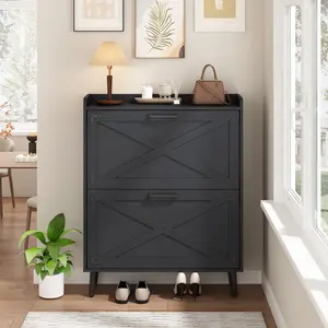 Farmhouse Shoe Storage Cabinet with 2-4 Flip Drawers & Barn Door Design - Freestanding Slim Narrow Shoe Organizer for Entryway, Foyer & Hallway