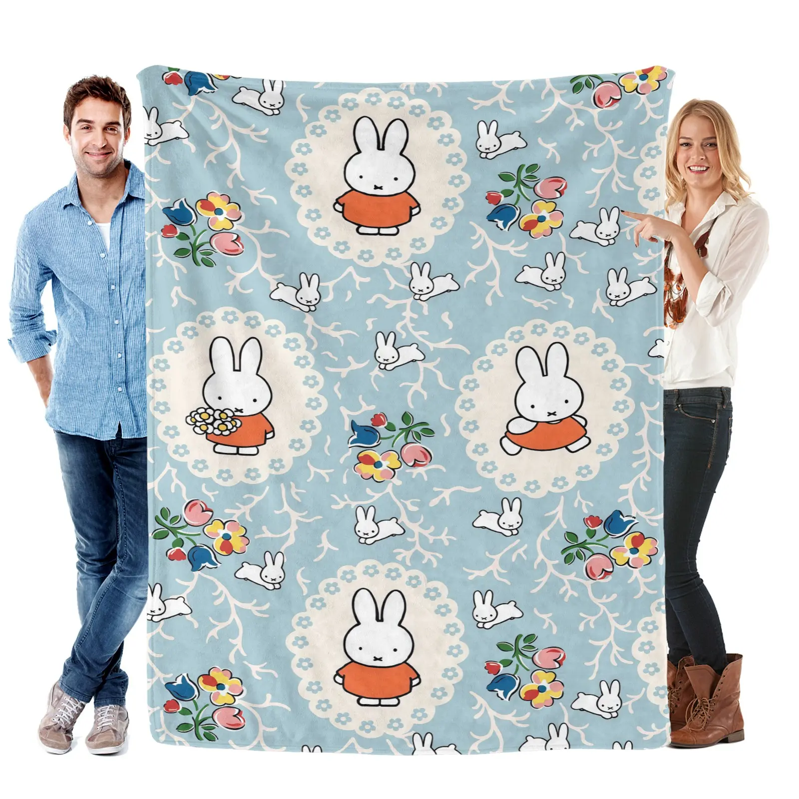 Miffy Cartoon Figure Print Blanket, Adorable Rabbit Design, Soft Comfortable Skin-Friendly Polyester Fabric, Machine Washable, All-Season Bedding Throw, Cozy Throw Blanket, Bedroom Blanket