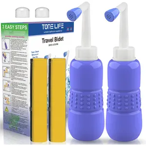 2Pcs-Pack Portable Bidet for Toilet - 450Ml Travel Bidet - 15Oz Handheld Personal Bidet Empty Bottle - Childbirth Cleaner -For Outdoor,Camping,Travling,Driver,Personal Hygiene -With Storage Bag TONELIFE