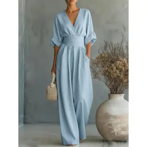 VVZ 2026 Women's Elegant V-Neck Jumpsuit, Waist Cinched Wide Leg One-Piece Outfit, Casual & Formal Wear for Work, Vacation, Party & Everyday