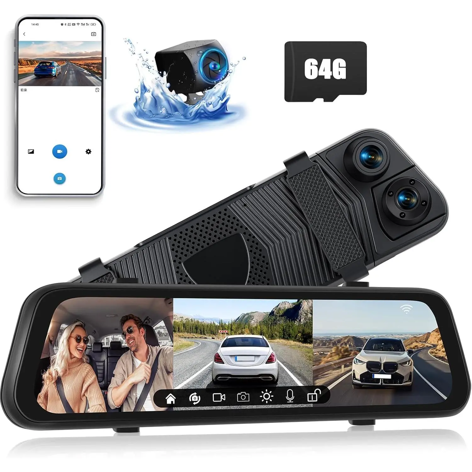 RIMOODY 3-Channel Mirror Dashcam, 9.66in Wifi Enabled Windshield Mount Car Camera, 1080P Front/Inside/Rear Lenses, G-Sensor, Night Vision, Loop Recording, Reverse Assist, APP Control, 64GB TF Card, Easy Install, Fathers Day Gift for Driving Safety