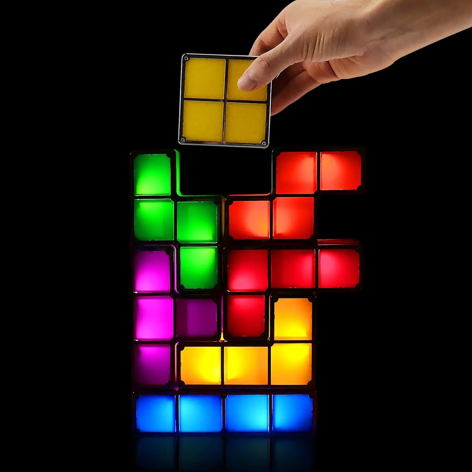 7-Color Chain Induction Multichrome RGB LED Stackable Light - DIY Interlocking Lamp with Automatic Interlock On/Off, Push Button, Metal Edges, 3D Puzzle Desk Toy, Mood Lighting for Gamers, Holiday Gift (Adapter None)