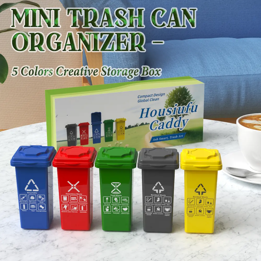 5-Color Full Set (Blue, Red, Green, Gray, Yellow) BPA-Free ABS Minimalist Mini Bin - 3-Compartment Compact Plastic Bins, Durable Stackable Home Decor Accessory, Portable Countertop Desk Storage, Boyfriend Gift