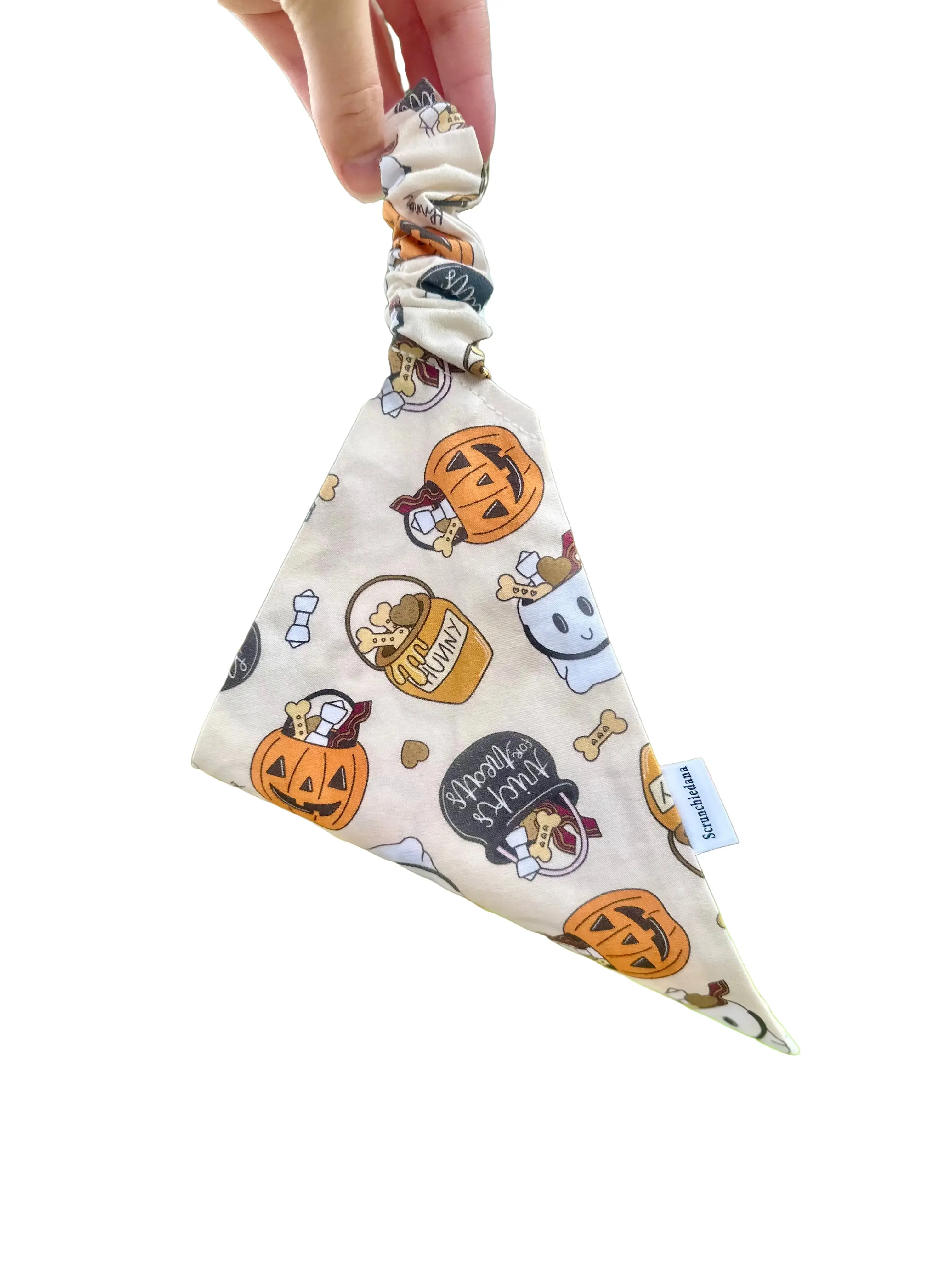 Tricks for Treats Dog Scrunchiedana, dog scrunchie, elastic dog bandana, user friendly dog bandana, dog accessory, slip on dog bandana, stretchy, fashionable