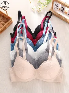 6 Pack Contrast Lace Bra Set, Elegant and Sexy, Multi-Color Combo, Basic Everyday Underwear, Daily Essentials, Comfortable Undergarments, Sexy Underwear, Elegant Lingerie, Soft Lace, Padded Bra, Underwire Bra, Casual Attire, Women's Lingerie