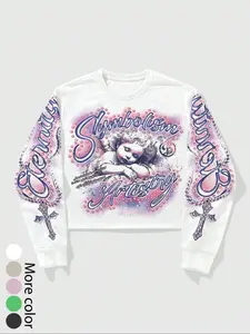 Vintage Angel Rhinestone Long Sleeve Fitted Sweatshirt, Street Style Letter Cross Print Cropped Short Top, Fashionable Comfortable Casual Daily Wear, Elegance, Streetwear