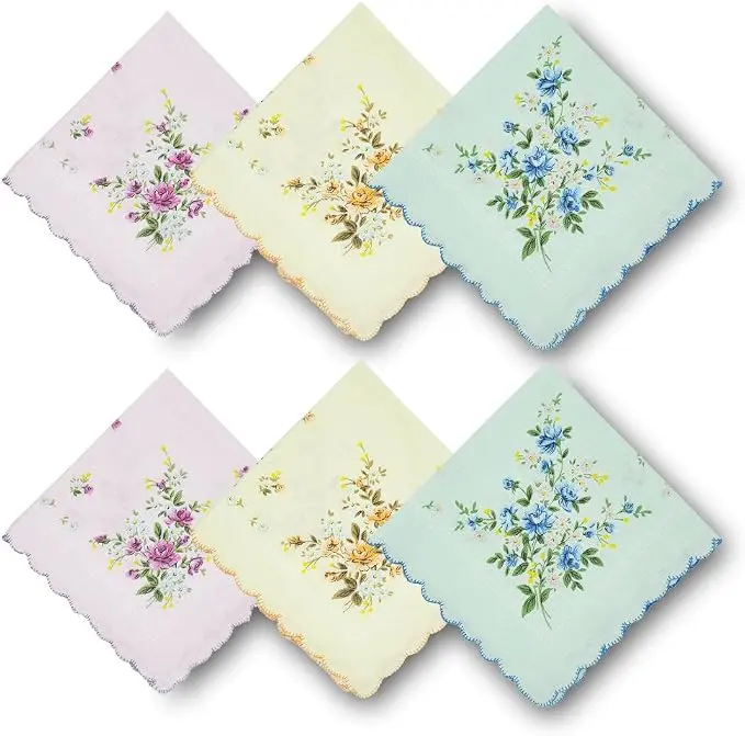 6-Pack 100% Cotton Handkerchiefs for Women – Soft Floral Printed Hankies with Wavy Edge, Assorted Designs for Everyday Use, Gifts & Wedding Favors