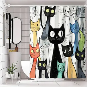 Whimsical Cartoon Cat Shower Curtain, Playful Cat with Colorful Companions, Cheerful Hand-Drawn Design, Fun Bathroom Decor, Bathroom Accessory