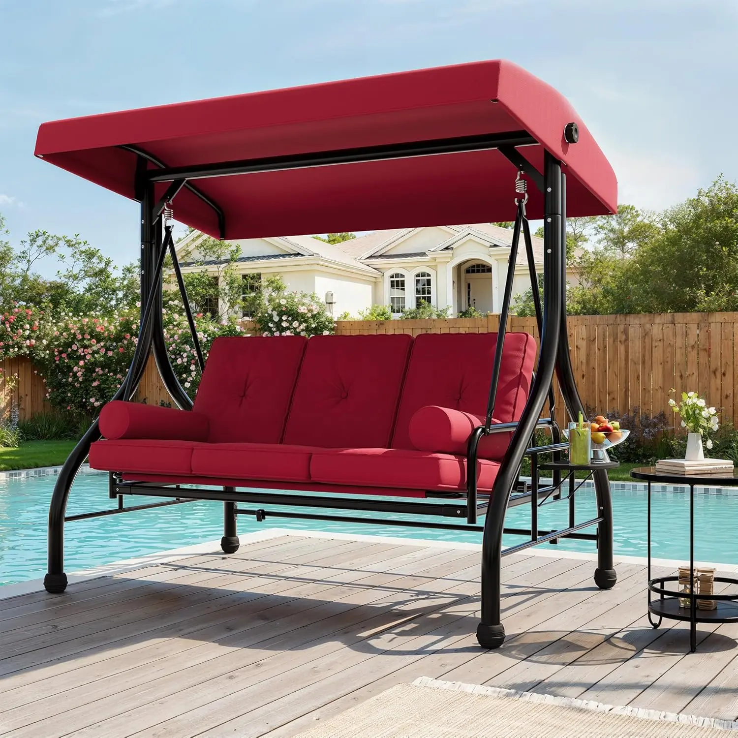 Outdoor Porch Swing with Adjustable Canopy, 3-Seat Patio Swing Chair with Stand, 800LBS Heavy Duty Outdoor Swing for Adults with Cup Holder Tray, Cushion & Pillows, Patio Swings with Canopy for Garden