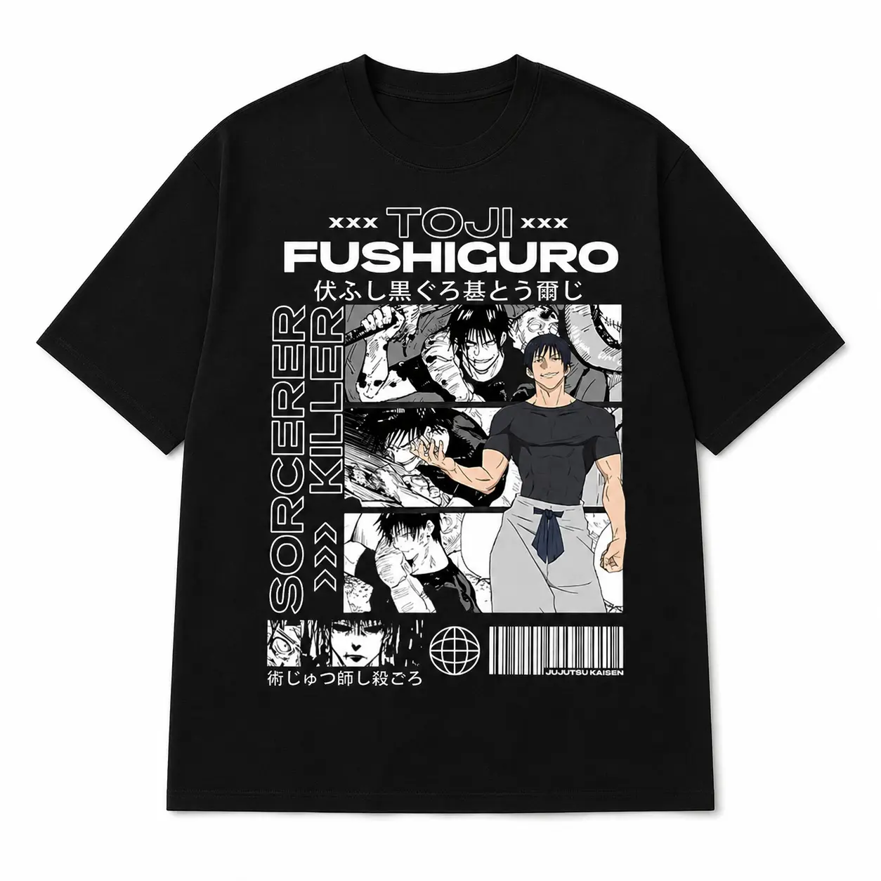 Women's Unisex Round Neck Shortsleeve Toji Fushiguro Printed Casual T-Shirt - 220g Thick Black Cotton Top, Daily Wear Womenswear