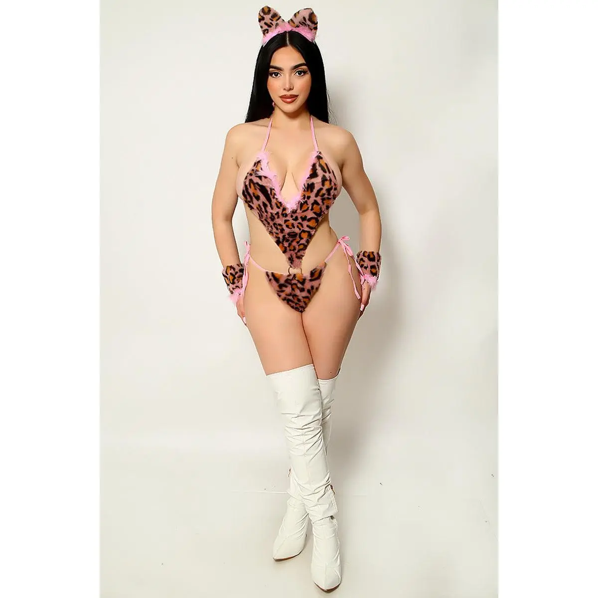 Leopard Print Pink Fur Ultra Sexy 4Pc  Kitty Costume