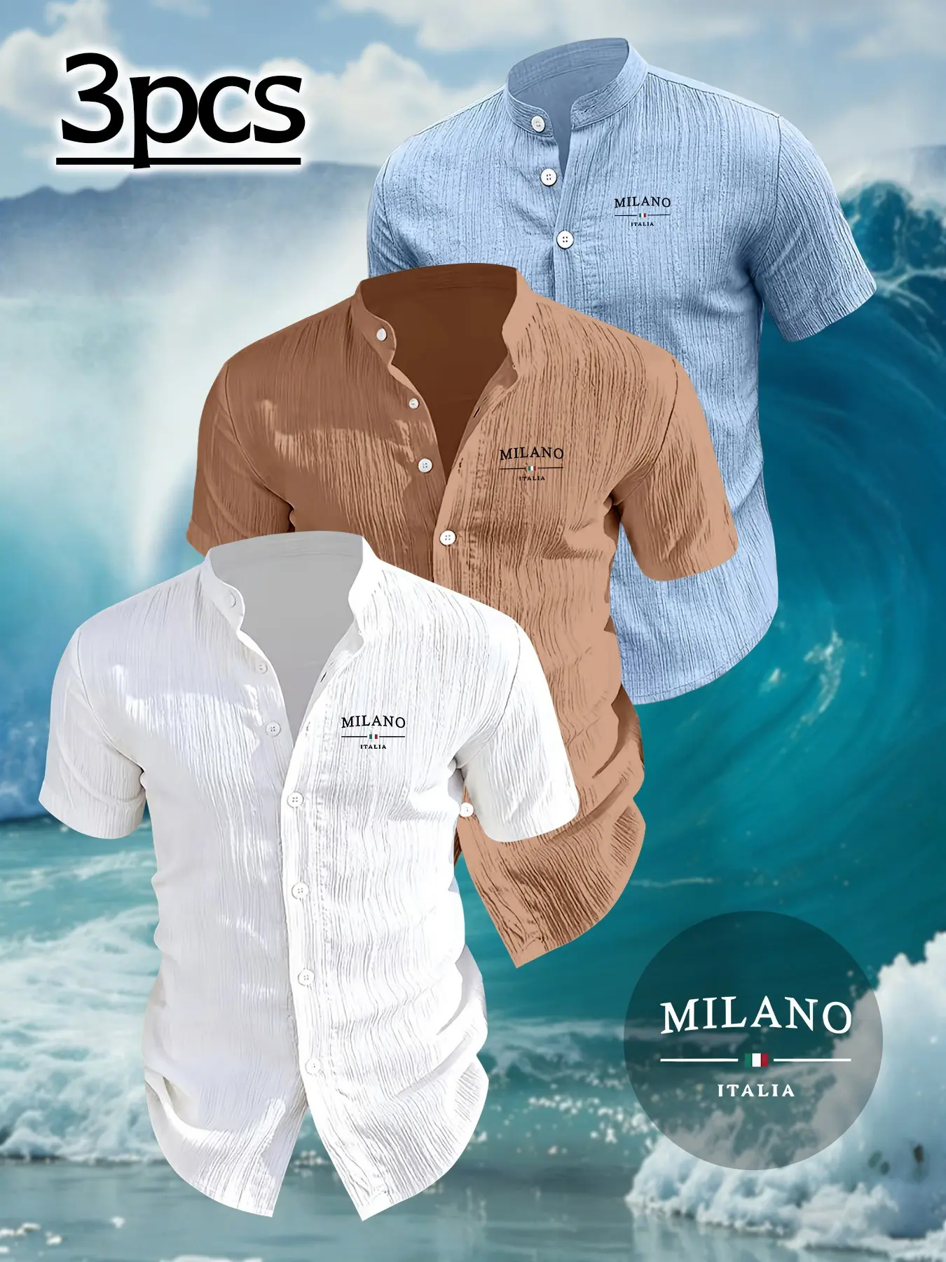 3-Pack Men's Summer Short Sleeve Casual Comfy Collared Shirts, Milano Letter Print, Lightweight Breathable, Stand Collar, Beach Party Wear