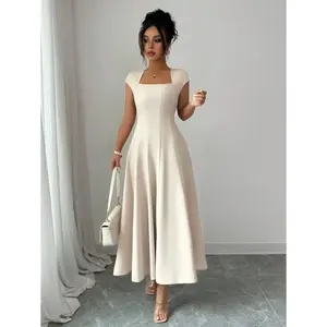 Elegant Solid Color Square Neck Waist-Cinching Flared A-Line Short Sleeve Midi Dress