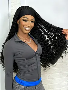 No Glue Headband Braided Wig 28 Inch Synthetic Knotless Braids, Curly Tips, Multiple Colors, All Seasons, Easy to Wear