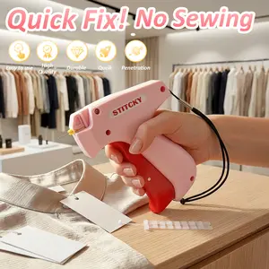 Handheld Stitch Tag Gun for Clothes, Quick Clothing Fixer, Tagging, Sewing Kit Includes 6 Needle, 1000 Black Fasteners & 1000 White Fasteners, Pink