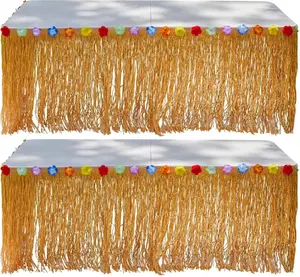 2 Pack Luau Grass Table Skirt 9 Feet x 29 Inches Hawaiian Table Skirt for Tropical Hawaiian Party Decorations Luau Party Costume Party, Authentic Island Party Decor with Hibiscus Flowers,