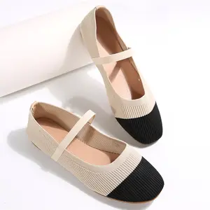 Women's Fashion Knit Ballet Contrast Toe Accent, Elastic Strap, Casual Slip-On Flat Indoor Outdoor Shoes