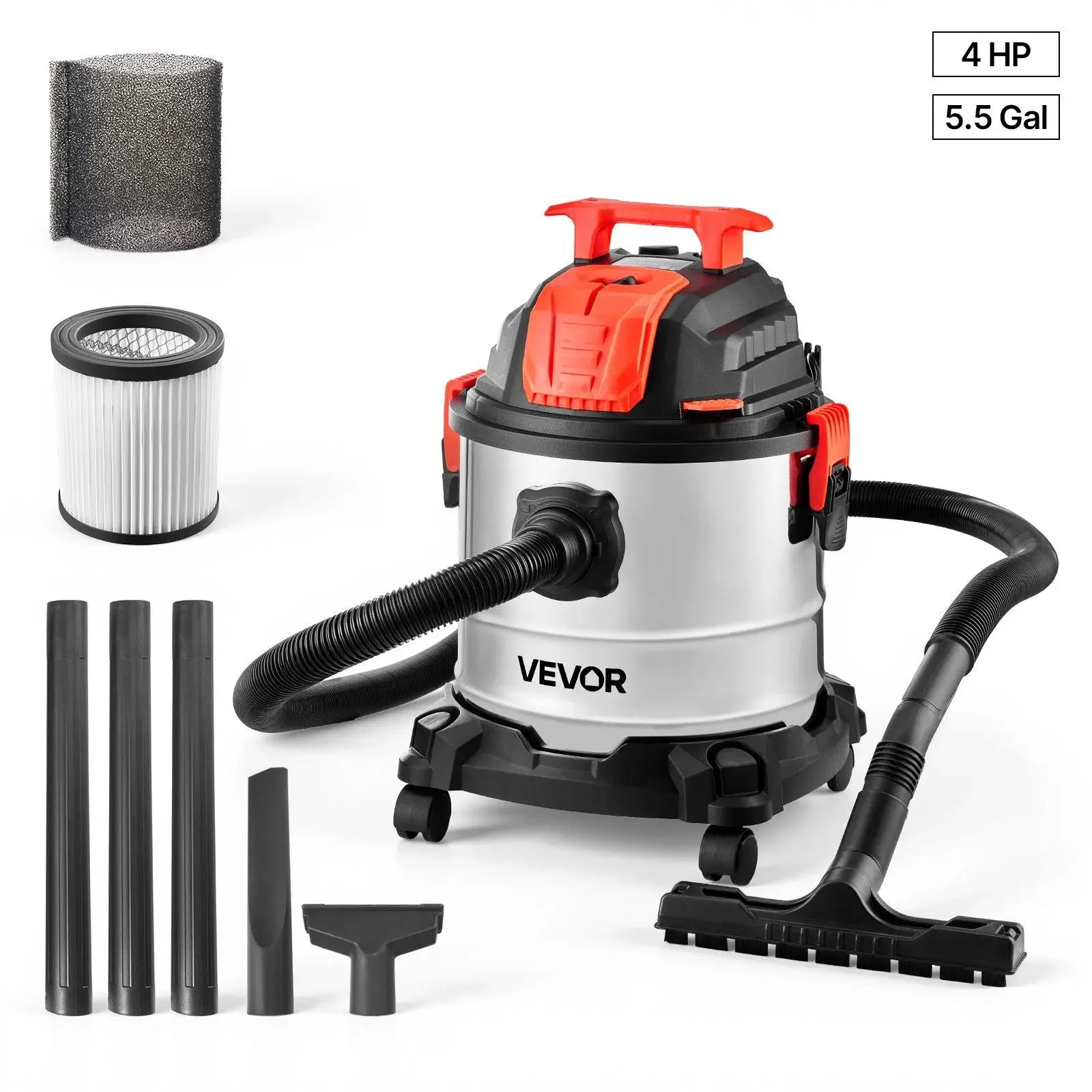 【summerfinds】VEVOR Shop Vac, 5.8 Gallon Wet Dry Shop Vacuum, 4 Peak HP with One-Button Self-Cleaning, Dual-Filter, 900W Input Power, 1.25in x 7ft Hose, 9.8ft Cord, Metal Tank for Jobsite, Workshop, Garage, Home