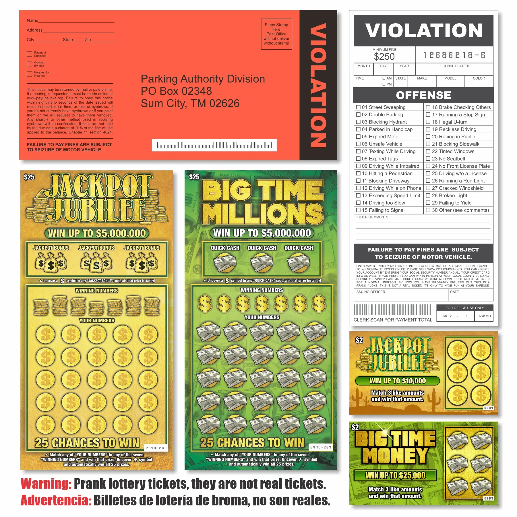 Prank Kit Bundle – Fake Lottery Tickets & Parking Violation Tickets – Funny Practical Jokes for Friends, Office, Parties & April Fools