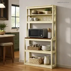 5-Tier Multi-Tiered Bakers Rack with Rustic Look, 39.37" White and Rustic Brown Indoor Furniture, Adjustable Shelves, Kitchen Storage, Coffee Bar, Microwave Stand, Easy Setup Solid Wood Bookshelf