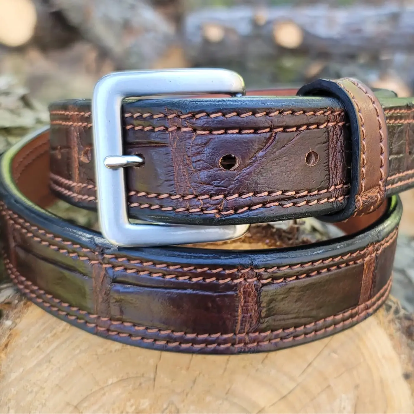 MTR Brown Gator Leather Heavy Duty Square Belt for Men and Women