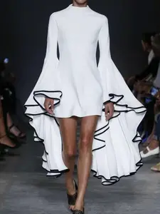 Women's Plain Flounce Long Sleeve Dress, Elegant Fashion Casual Mock Neck Short Dress for Daily Outdoor Wear, Women Dress for Spring Fall