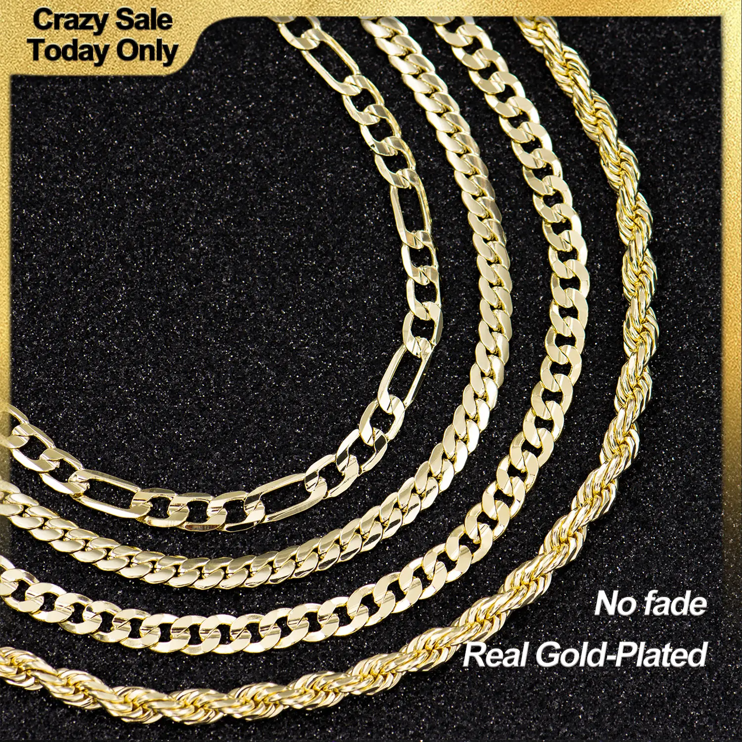 Holylegend 14K Real Gold-Plated Rope,Miami, Figaro,Cuban Necklace Chain 24 Inches Long,Tarnish-Free, 8mm/10mm Width, Secure Clasp