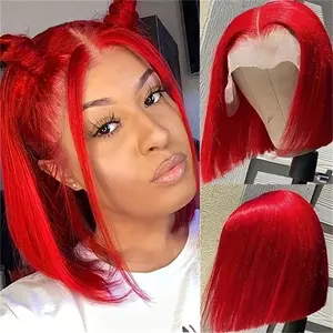 GK Red Bob Wig 180% Density Virgin Human Hair 13x4 Lace Front Short Cut Silky Straight Bob Wigs Bleach Knots for Women Pre Plucked Natural Hairline HD Lace Red Human Hair