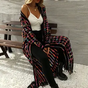 Women's Fall Winter Warmth Bohemian Casual Multi-Color Geometric Pattern Fringe Tassels Plaid Collar Hem Open Front Loose Fit Long Sleeve Cardigan Sweater Coat Outfit Knitwear